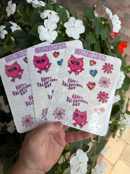 Holographic Valentines Sticker Sheet, Cats and Flowers Decal sheets, Funky Waterproof Valentines stickers, Cute Cat Vday Stickers