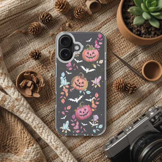 Halloween Pumpkin Phone Case, Witchy Crystal Bat Case for iPhone, Clear Bumper Case Jack O Lantern, Cottagecore Fall Case, Gift for Her