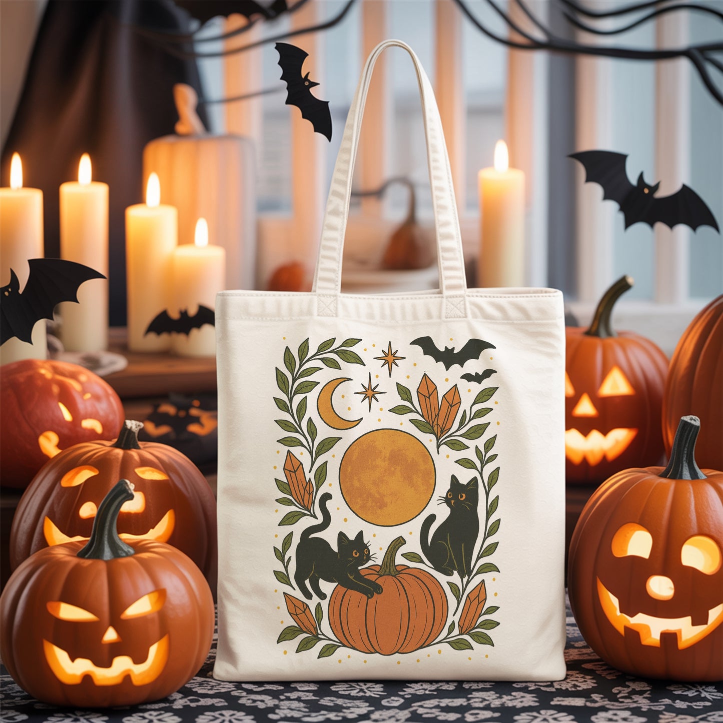 Cute Black Cats Halloween Tote - Cute Halloween cat  Bag- Cats and Pumpkin Tote - Cats and moons