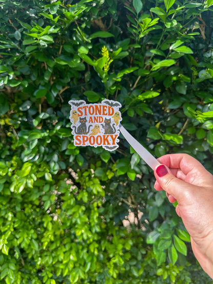 Stoned and Spooky Sticker • Holographic Halloween Cat Ghost Bat Weed Sticker • Funny Witchy Stoner Sticker, Gothic Spooky Season Vinyl Decal