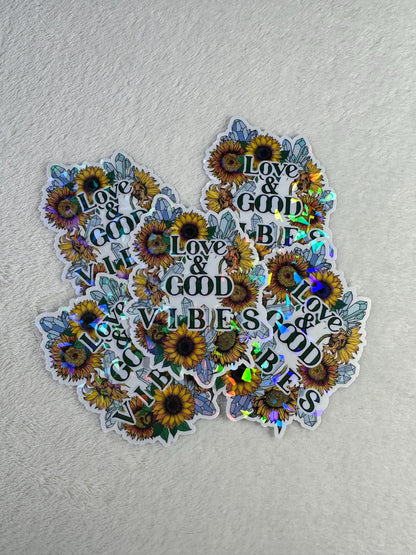 Love and Good Vibes Holographic Sticker, Sunflower Crystal Vinyl Sticker, Positive Quote Waterproof Decal for Laptop, Water Bottle, Journal