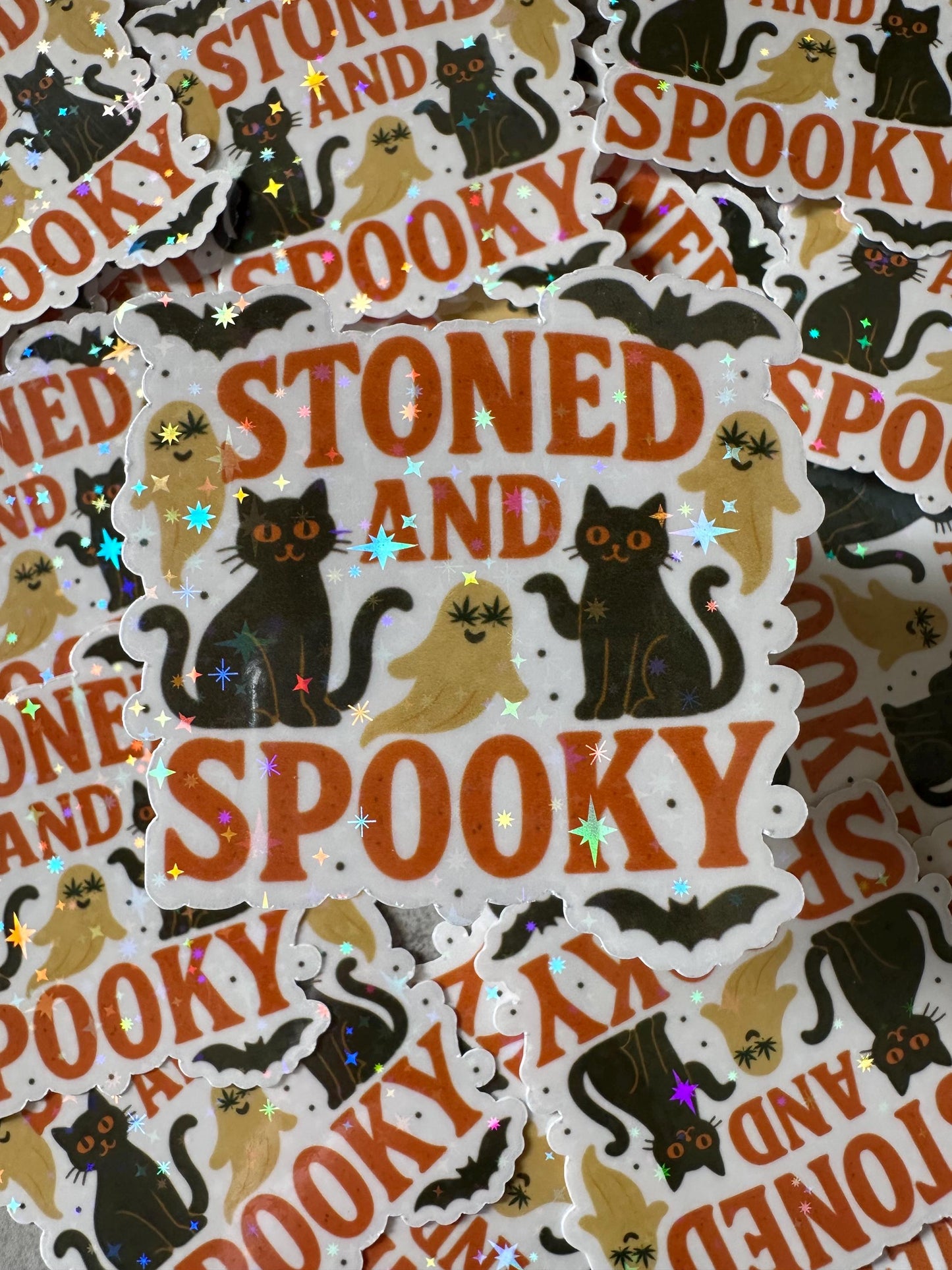 Stoned and Spooky Sticker • Holographic Halloween Cat Ghost Bat Weed Sticker • Funny Witchy Stoner Sticker, Gothic Spooky Season Vinyl Decal