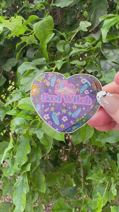 Good Witch Cottage Core Sticker - Holographic Heart Shaped Cute Witchy Decal -