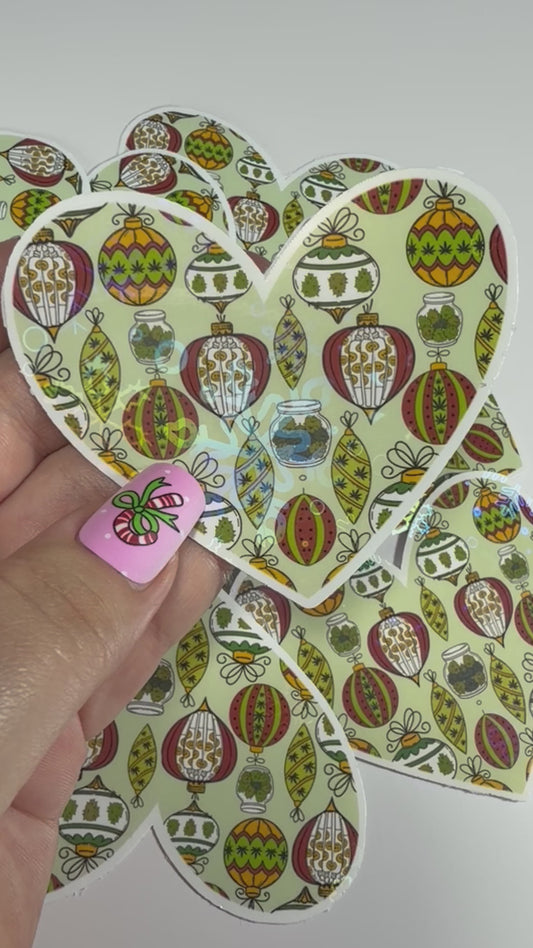 Christmas Cannabis Sticker,Cute Stoner Holographic Sticker, Stoner Waterproof Decal, Heart Ornament